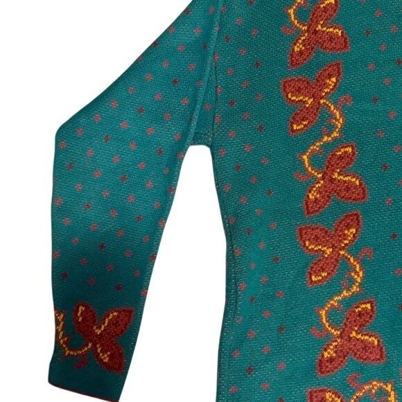 Mademoiselle Knit Sweater Teal Green Red Butterfly Mock Neck Pullover - Picture 4 of 10